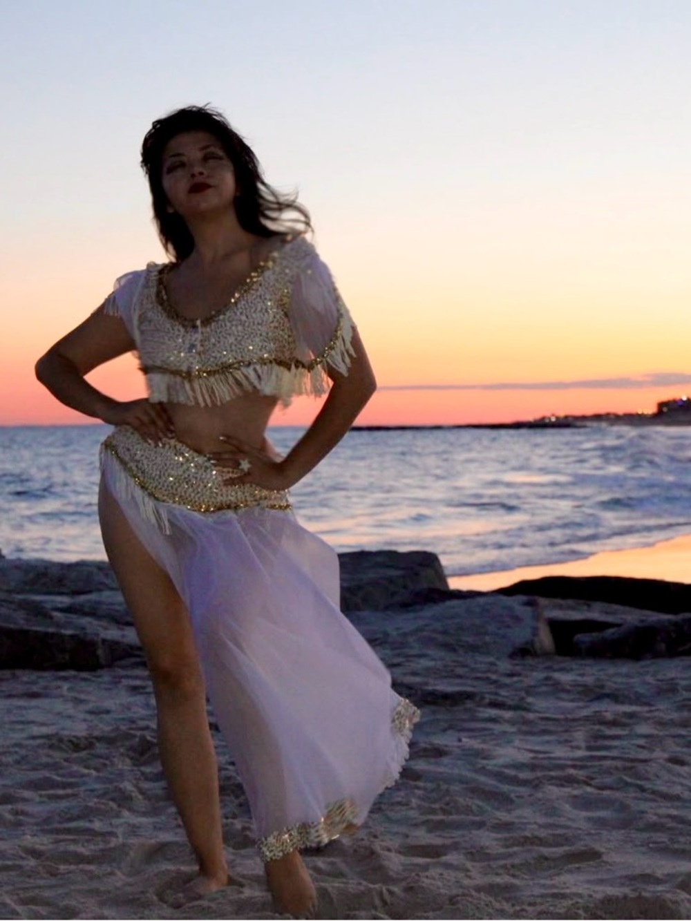 Vintage harem outfit White and Gold Belly Dance Costume Set